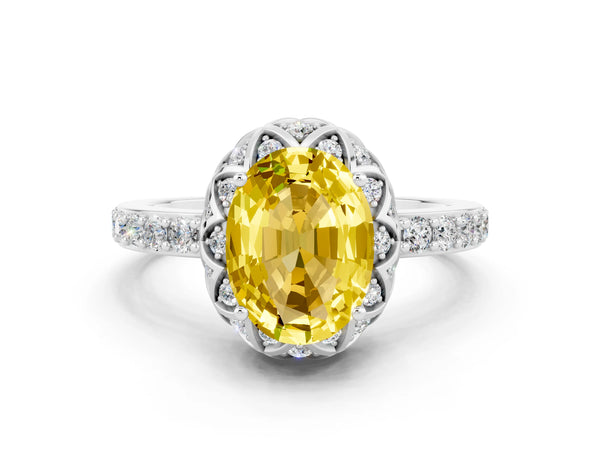 Silver Oval Cut Yellow Sapphire Scalloped Halo Engagement Ring with Round Shared Prong Band