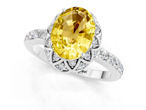 White gold Oval Cut Yellow Sapphire Scalloped Halo Engagement Ring with Round Shared Prong Band