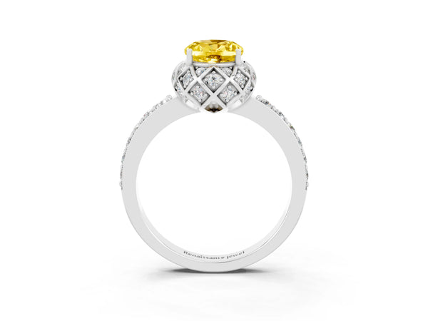 Silver Oval Cut Yellow Sapphire Scalloped Halo Engagement Ring with Round Shared Prong Band