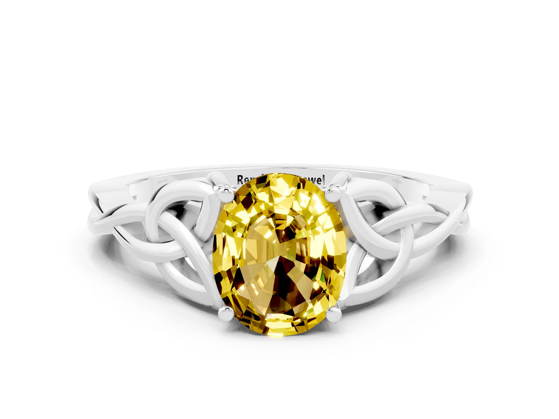 White gold Oval Cut Yellow Sapphire Solitaire Celtic Knot Ring with Four-Prong Setting_24