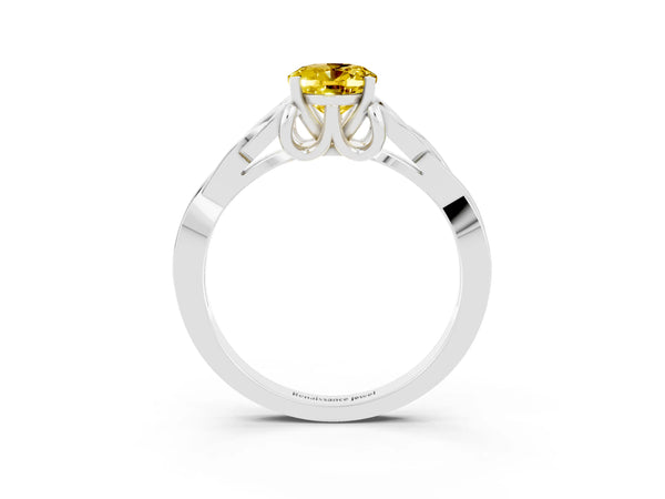 White gold Oval Cut Yellow Sapphire Solitaire Celtic Knot Ring with Four-Prong Setting