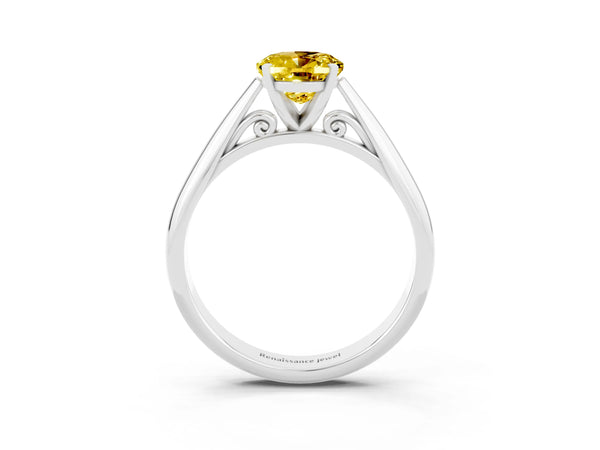 Platinum Oval Cut Yellow Sapphire Solitaire Engagement Ring with Cathedral Setting and Four-Prong Mount