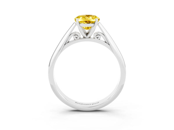 White gold Oval Cut Yellow Sapphire Solitaire Engagement Ring with Cathedral Setting and Four-Prong Mount