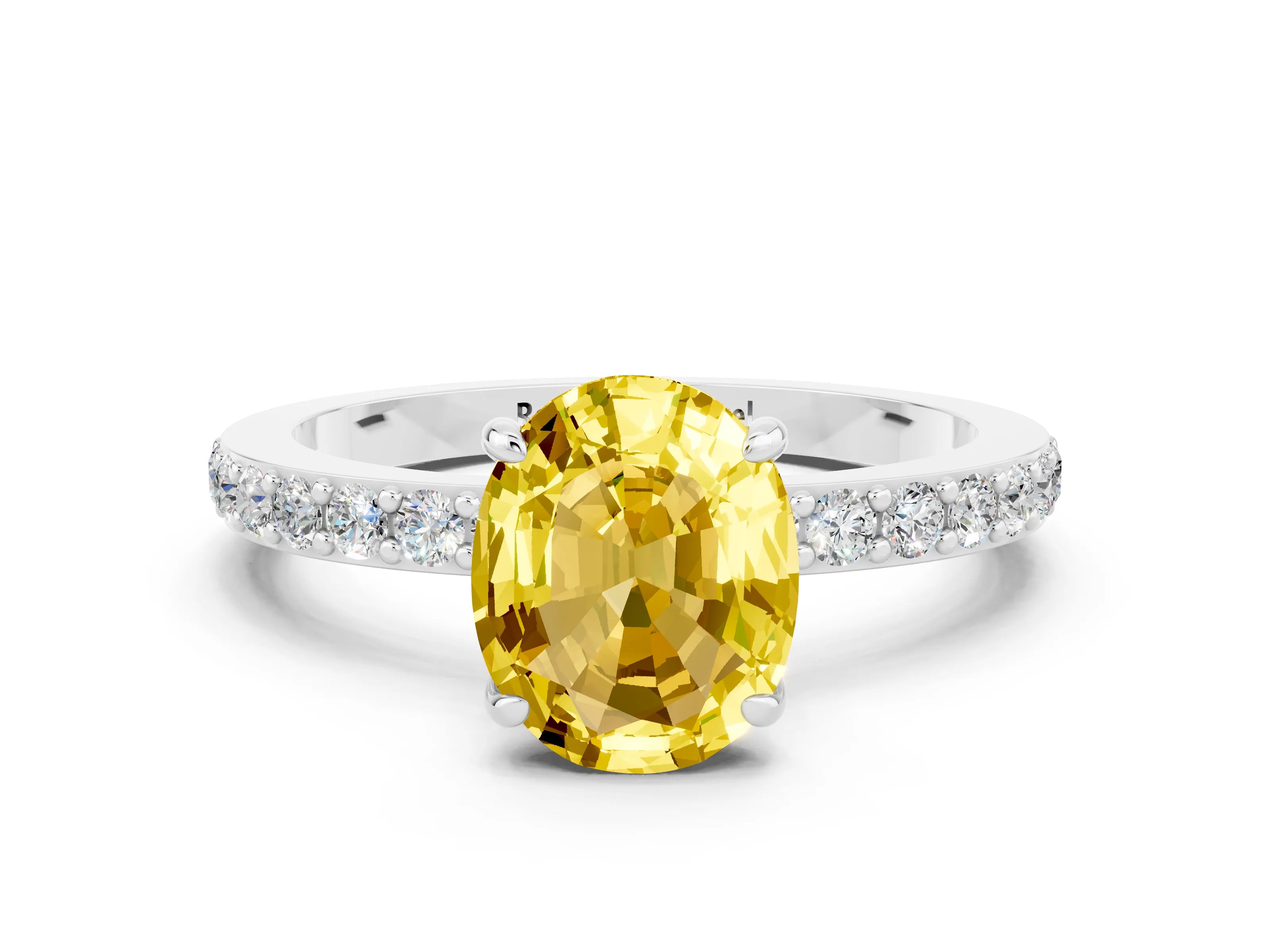 White gold Oval Cut Yellow Sapphire Solitaire Engagement Ring with Pavé Band and Four-Prong Setting_24