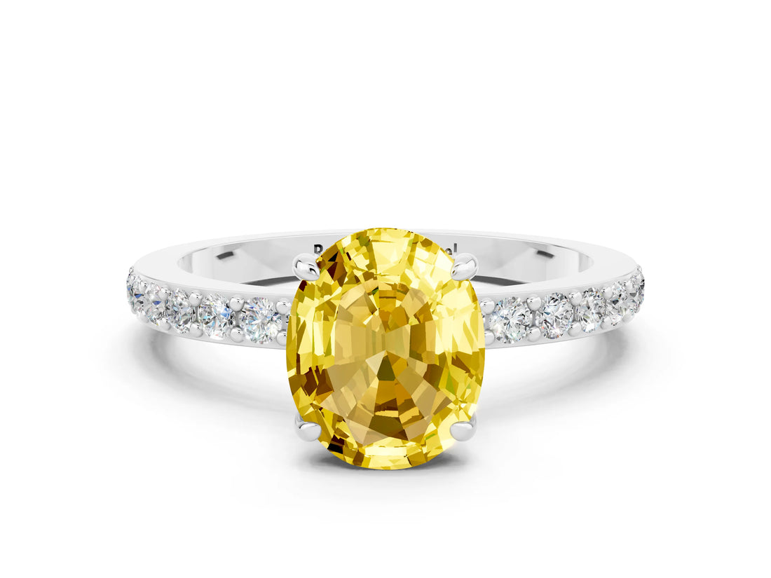 White gold Oval Cut Yellow Sapphire Solitaire Engagement Ring with Pavé Band and Four-Prong Setting_24