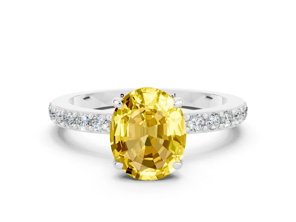 Platinum Oval Cut Yellow Sapphire Solitaire Engagement Ring with Pavé Band and Four-Prong Setting
