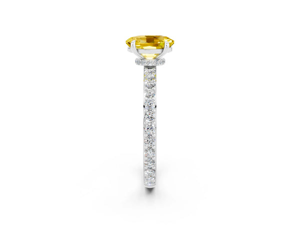Silver Oval Cut Yellow Sapphire Solitaire Engagement Ring with Pavé Band and Four-Prong Setting