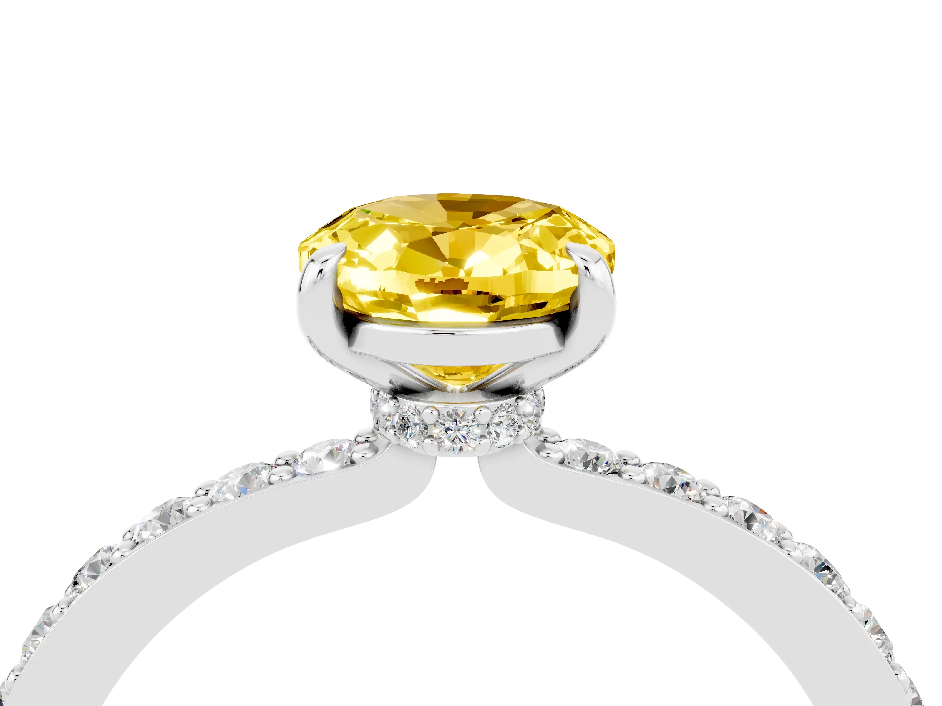 White gold Oval Cut Yellow Sapphire Solitaire Engagement Ring with Pavé Band and Four-Prong Setting_28