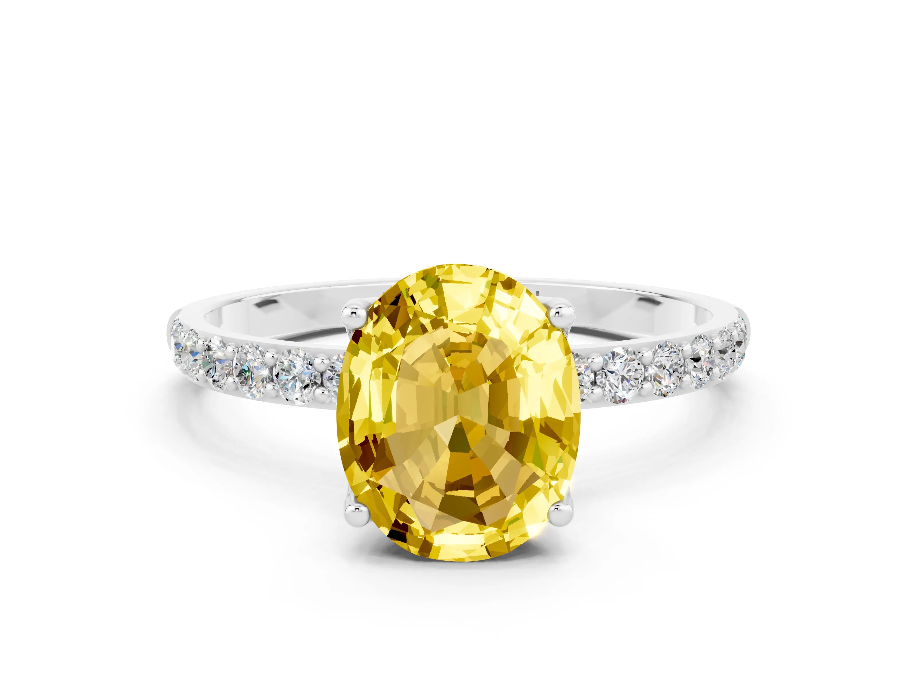 White gold Oval Cut Yellow Sapphire Solitaire Engagement Ring with Pavé Band and Prong Setting