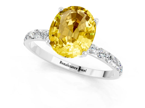 White gold Oval Cut Yellow Sapphire Solitaire Engagement Ring with Pavé Band and Prong Setting_1