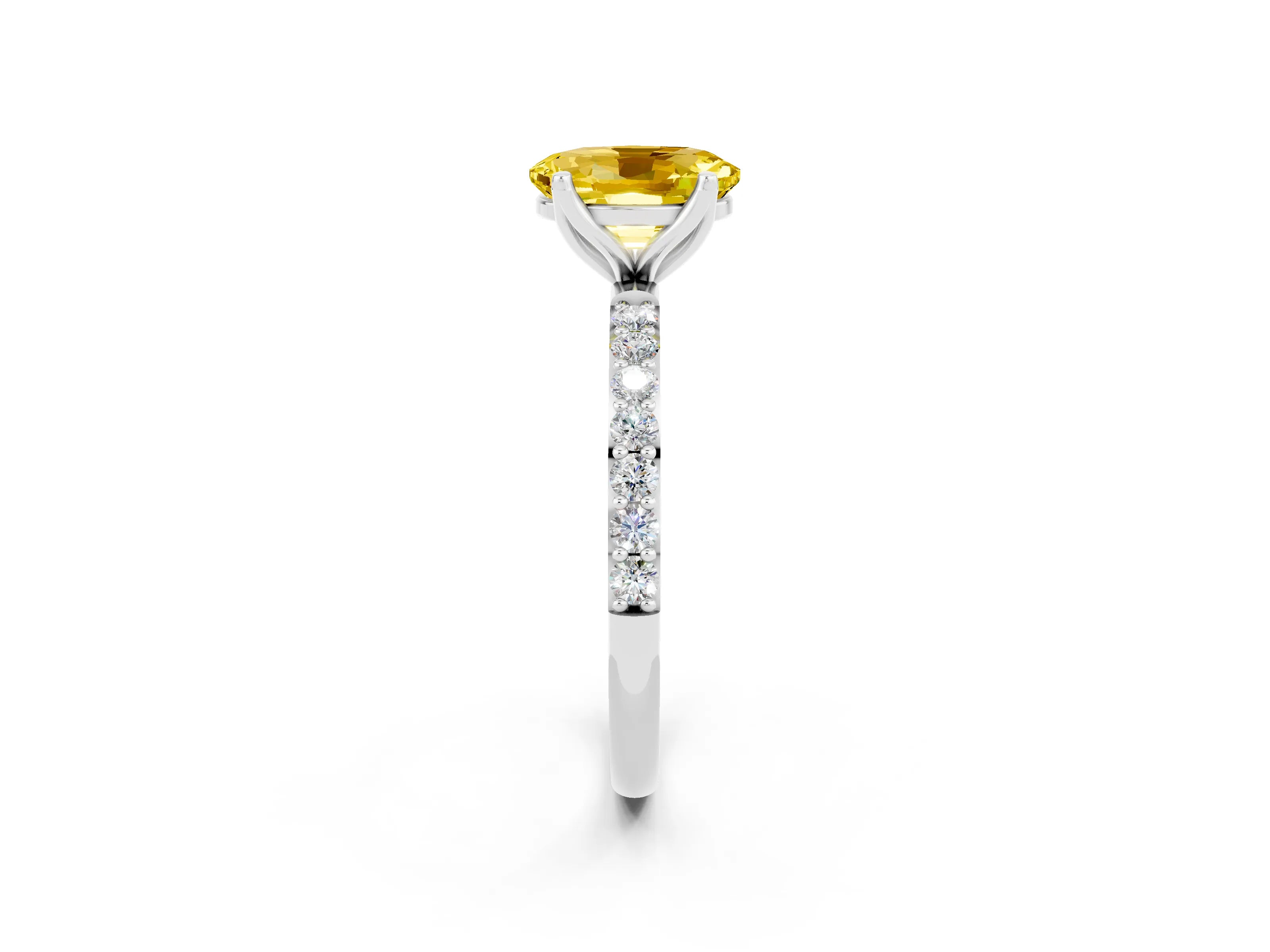 White gold Oval Cut Yellow Sapphire Solitaire Engagement Ring with Pavé Band and Prong Setting_2