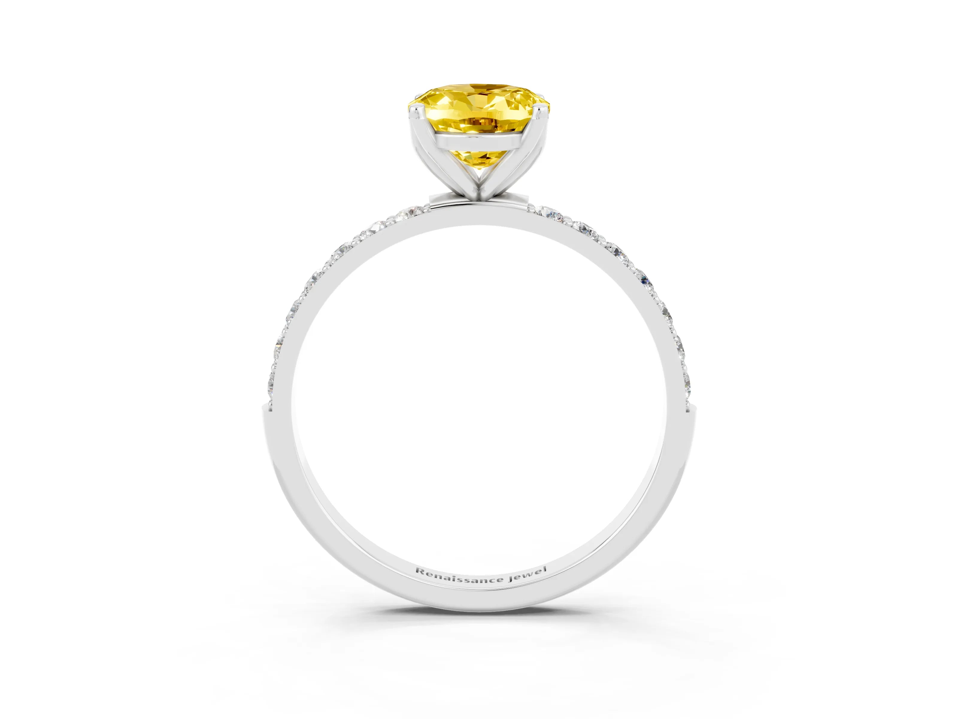 White gold Oval Cut Yellow Sapphire Solitaire Engagement Ring with Pavé Band and Prong Setting_3