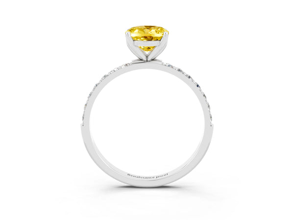 Silver Oval Cut Yellow Sapphire Solitaire Engagement Ring with Round  Pavé Band and Prong Setting