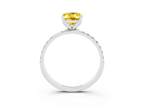 White gold Oval Cut Yellow Sapphire Solitaire Engagement Ring with Pavé Band and Prong Setting_3