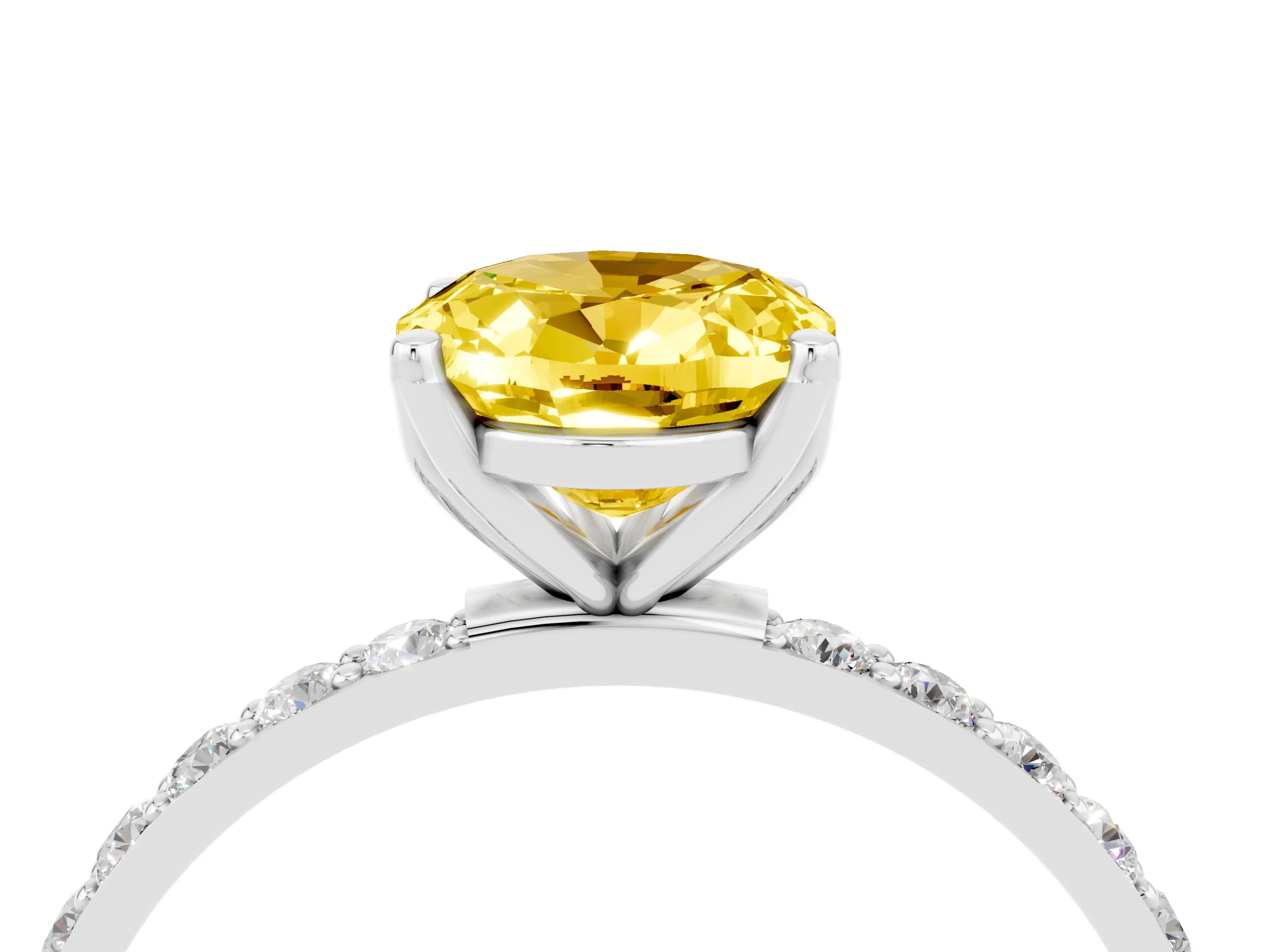White gold Oval Cut Yellow Sapphire Solitaire Engagement Ring with Pavé Band and Prong Setting_4
