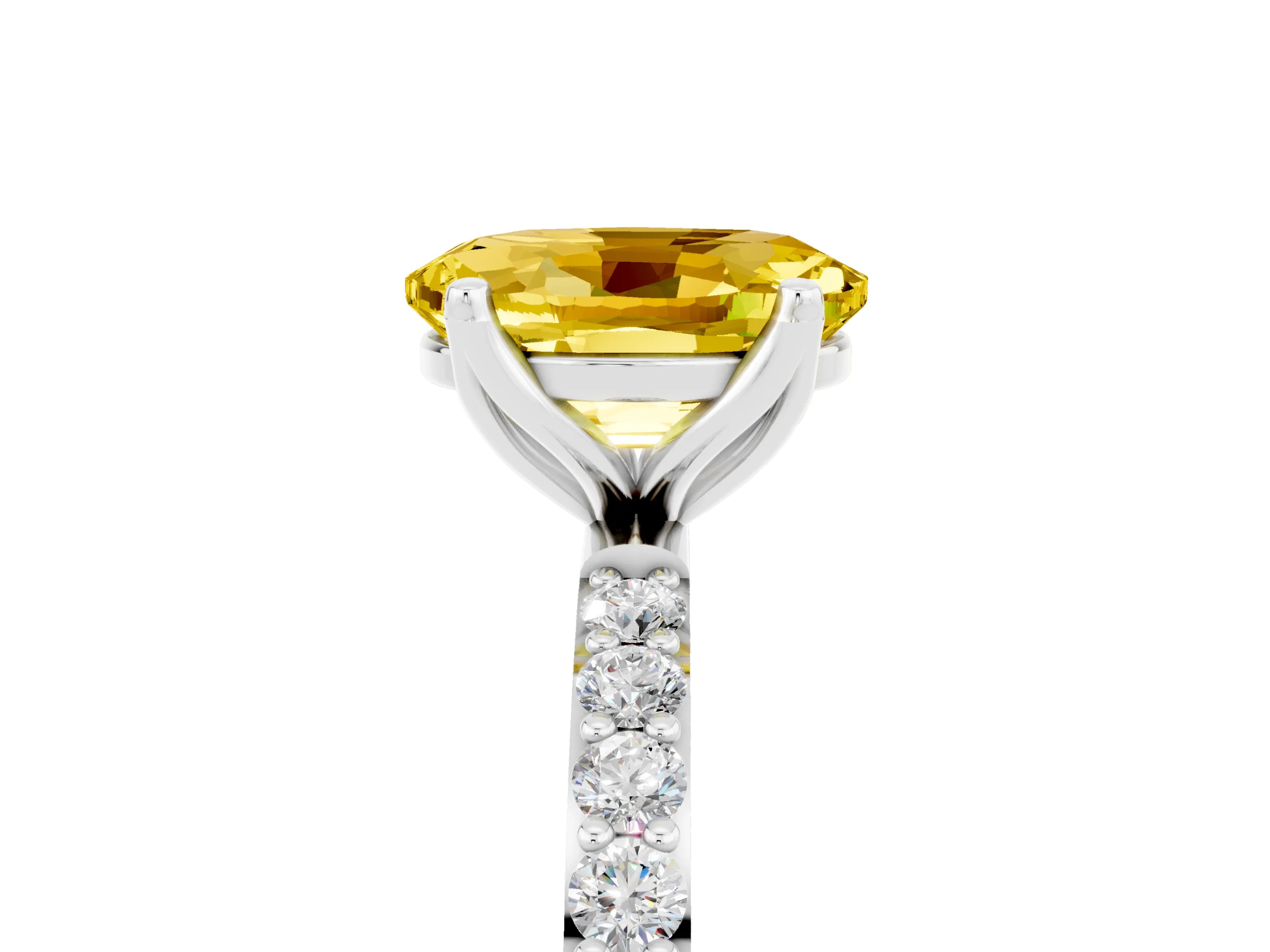 White gold Oval Cut Yellow Sapphire Solitaire Engagement Ring with Pavé Band and Prong Setting_5
