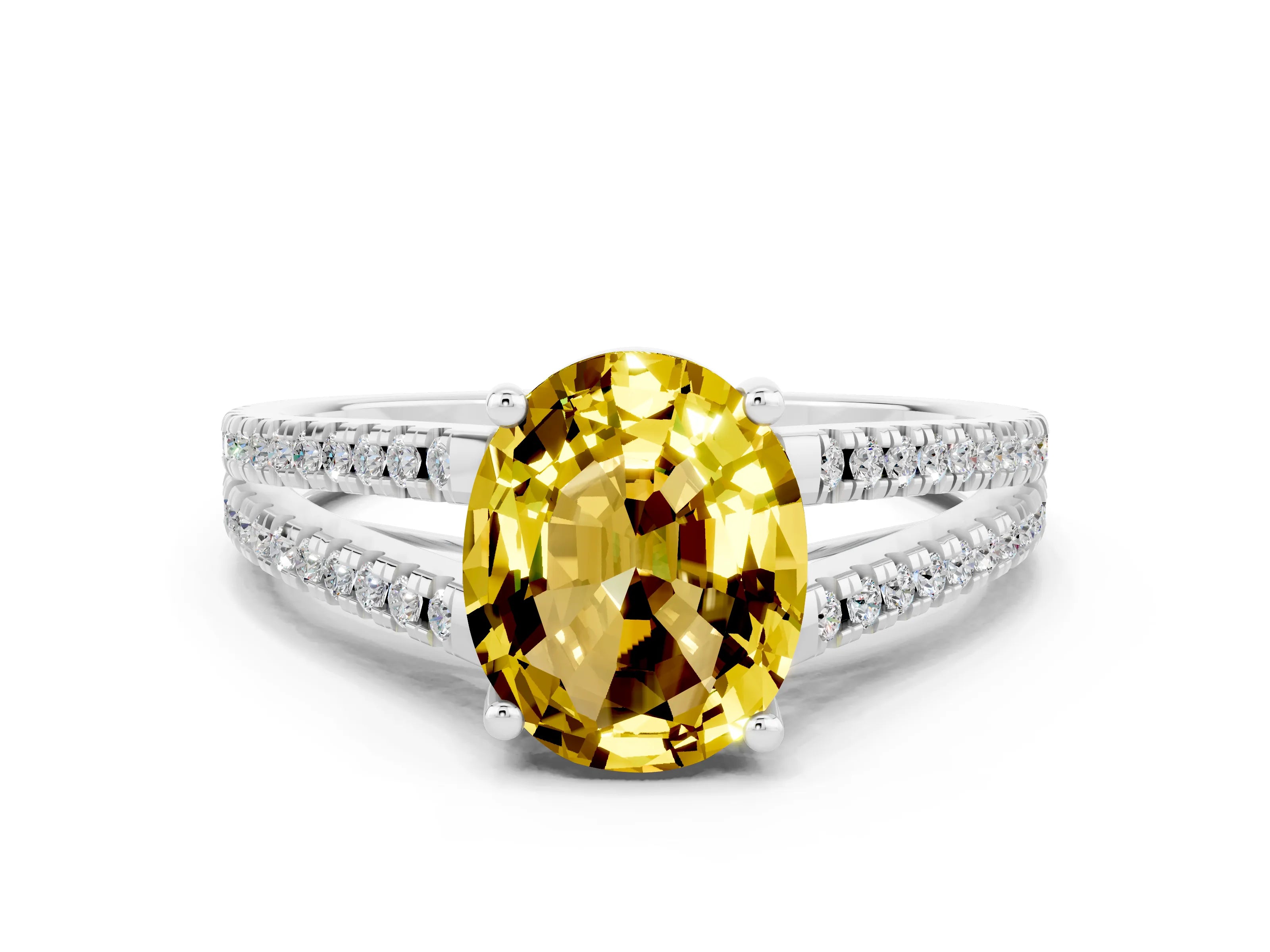 White gold Oval Cut Yellow Sapphire Solitaire Engagement Ring with Split Shank Pavé Band_12
