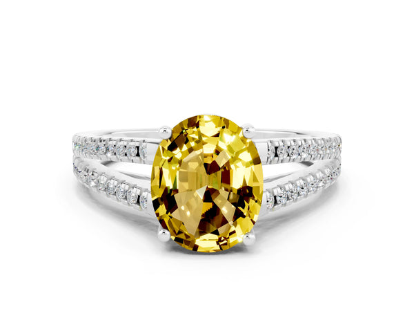 White gold Oval Cut Yellow Sapphire Solitaire Engagement Ring with Split Shank Pavé Band