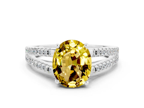 White gold Oval Cut Yellow Sapphire Solitaire Engagement Ring with Split Shank Pavé Band_12
