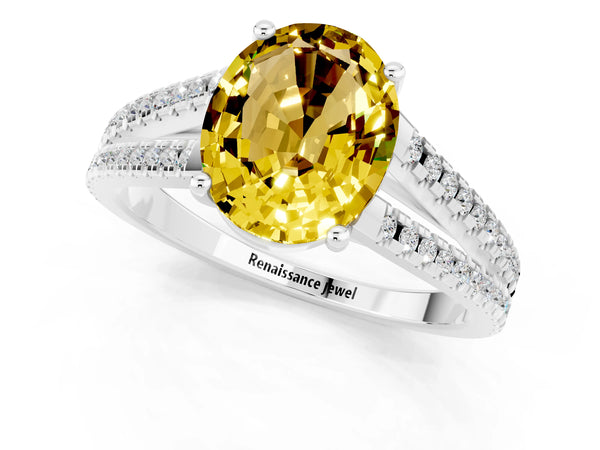Silver Oval Cut Yellow Sapphire Solitaire Engagement Ring with Split Shank Pavé Band