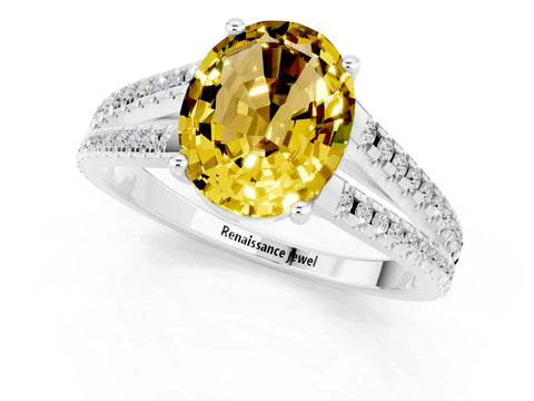 White gold Oval Cut Yellow Sapphire Solitaire Engagement Ring with Split Shank Pavé Band_13