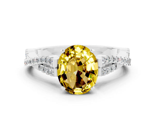 Platinum Oval Cut Yellow Sapphire Solitaire Engagement Ring with Twisted Pavé Band and Four-Prong Setting