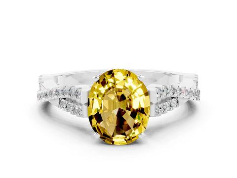 White gold Oval Cut Yellow Sapphire Solitaire Engagement Ring with Twisted Pavé Band and Four-Prong Setting_12