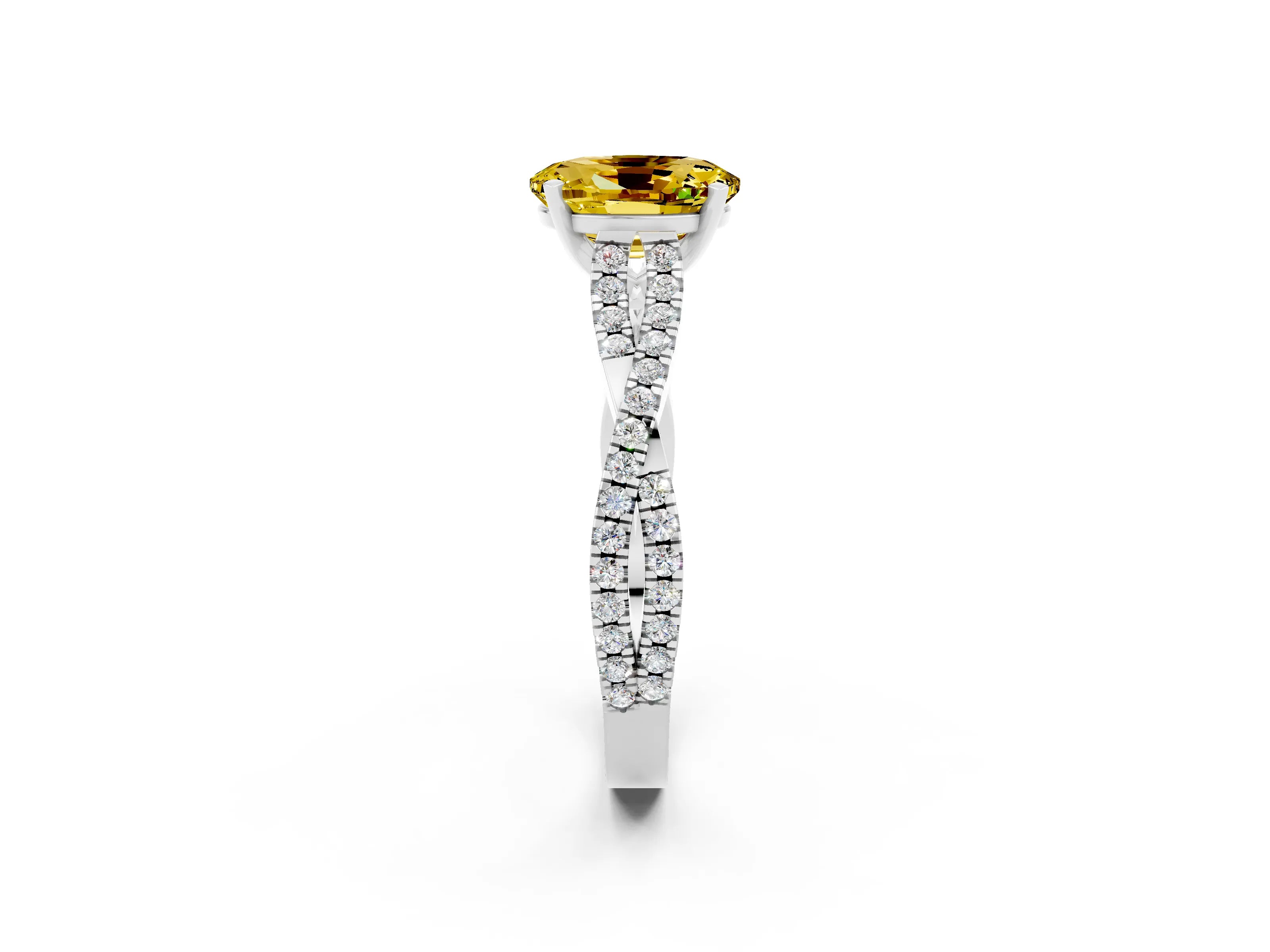 White gold Oval Cut Yellow Sapphire Solitaire Engagement Ring with Twisted Pavé Band and Four-Prong Setting_14