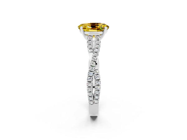 White gold Oval Cut Yellow Sapphire Solitaire Engagement Ring with Twisted Pavé Band and Four-Prong Setting