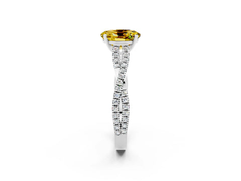 White gold Oval Cut Yellow Sapphire Solitaire Engagement Ring with Twisted Pavé Band and Four-Prong Setting_14