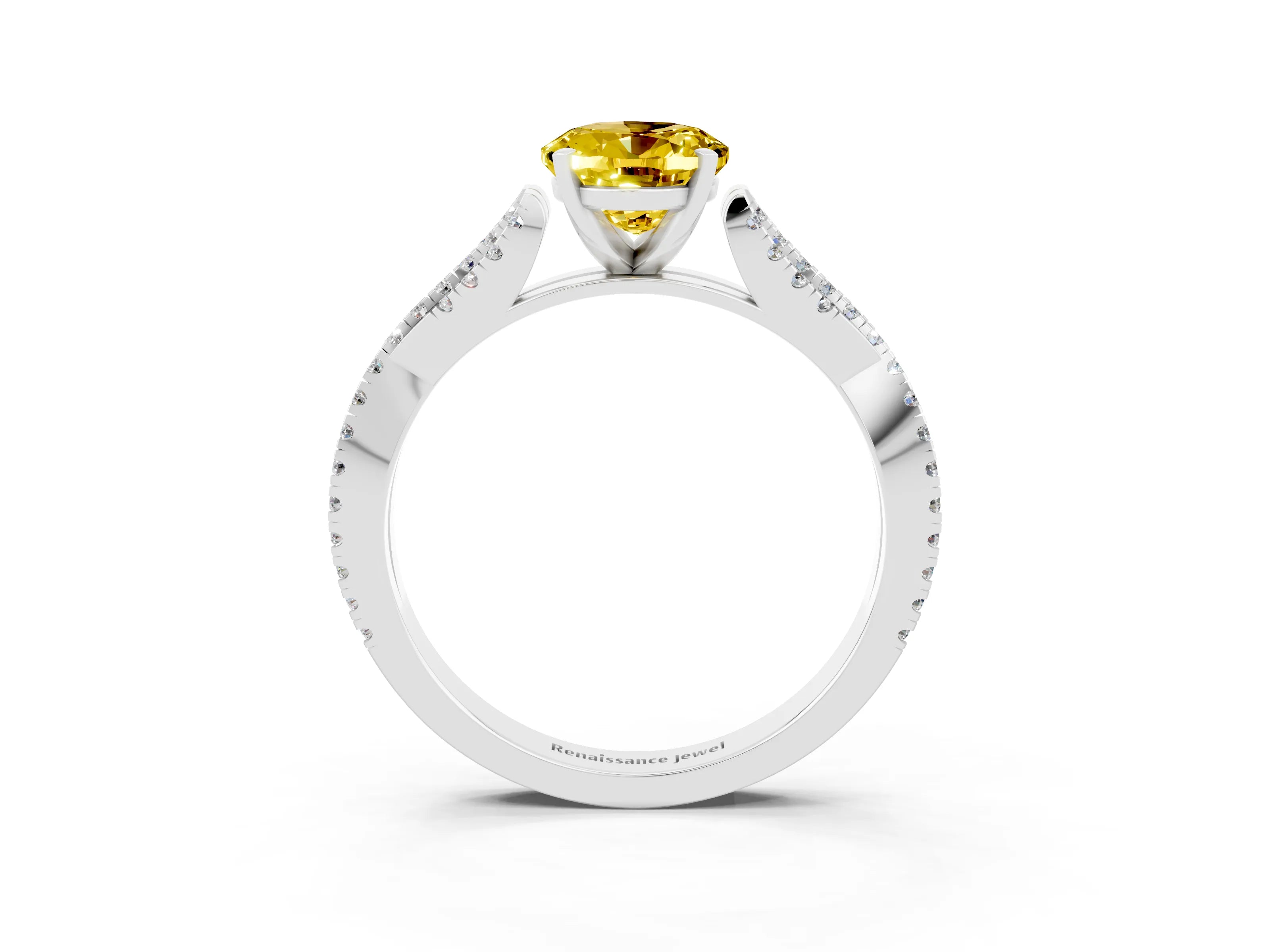 White gold Oval Cut Yellow Sapphire Solitaire Engagement Ring with Twisted Pavé Band and Four-Prong Setting_15