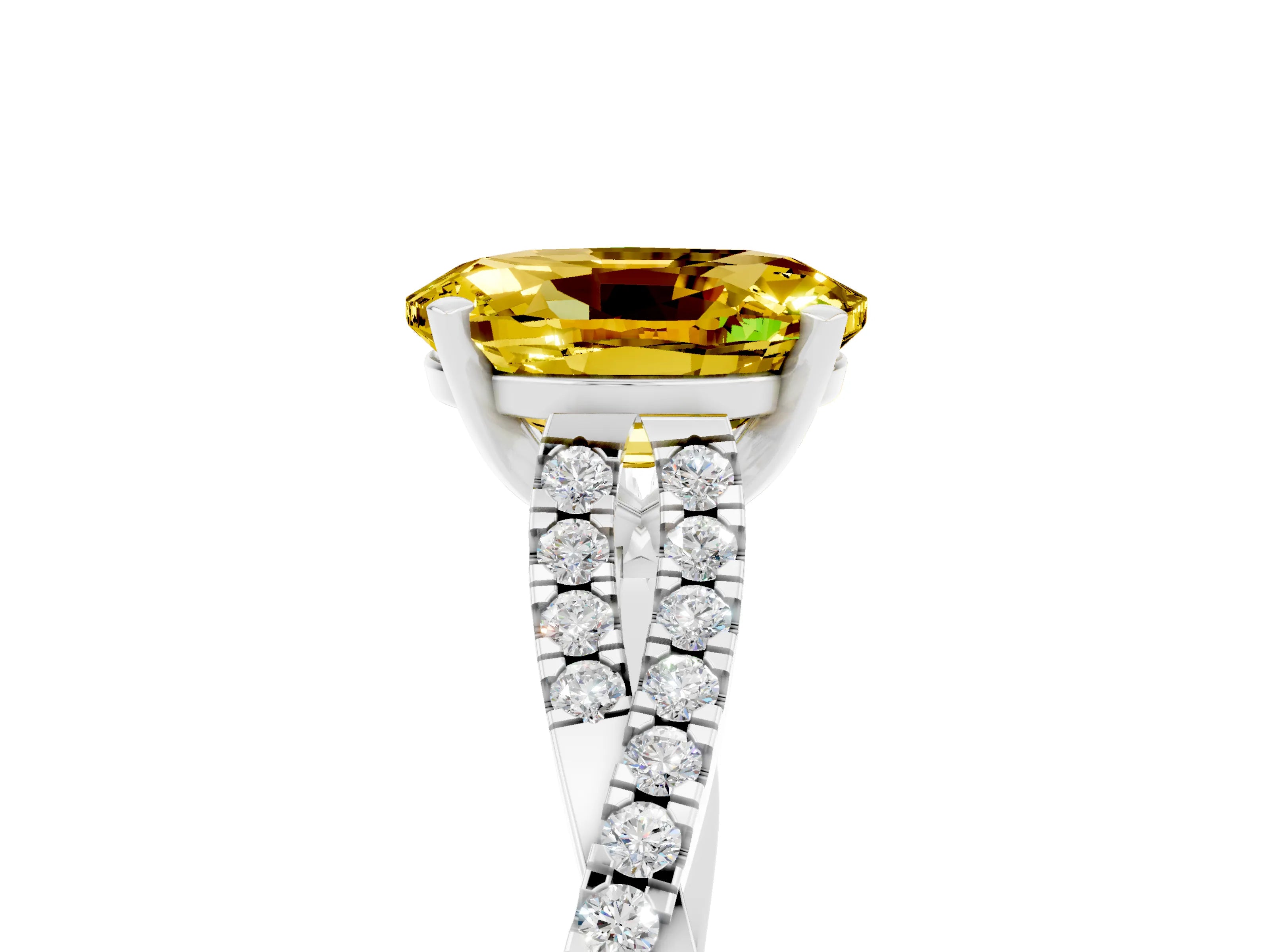 White gold Oval Cut Yellow Sapphire Solitaire Engagement Ring with Twisted Pavé Band and Four-Prong Setting_17