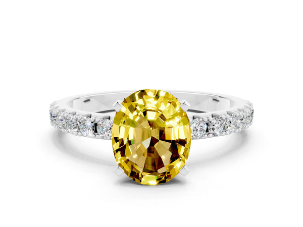 White gold Oval Cut Yellow Sapphire Solitaire Pavé Band with Four-Prong Setting