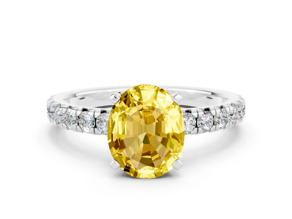 Platinum Oval Cut Yellow Sapphire Solitaire Pavé Engagement Ring with Round Band and Prong Setting