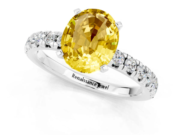 Platinum Oval Cut Yellow Sapphire Solitaire Pavé Engagement Ring with Round Band and Prong Setting