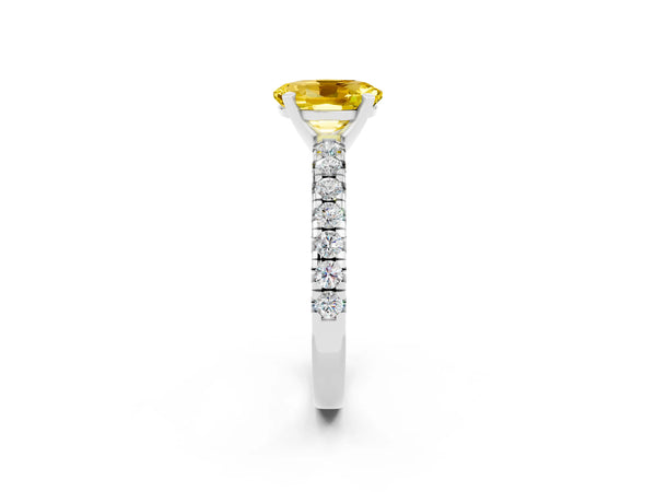 Silver Oval Cut Yellow Sapphire Solitaire Pavé Engagement Ring with Round Band and Prong Setting