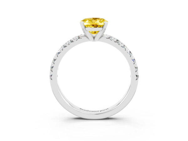 White gold Oval Cut Yellow Sapphire Solitaire Pavé Engagement Ring with Round Band and Prong Setting