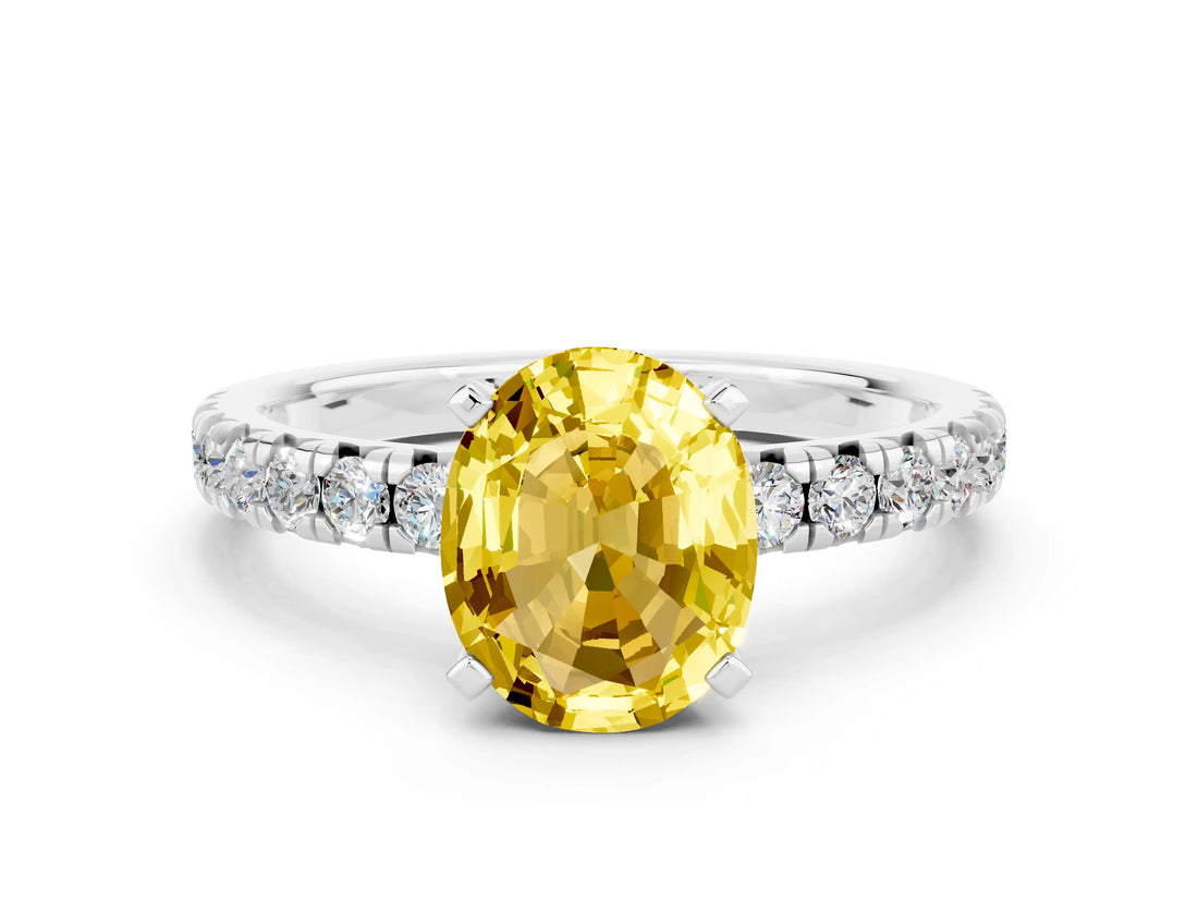 White gold Oval Cut Yellow Sapphire Solitaire Pavé Engagement Ring with Round Band and Prong Setting_72