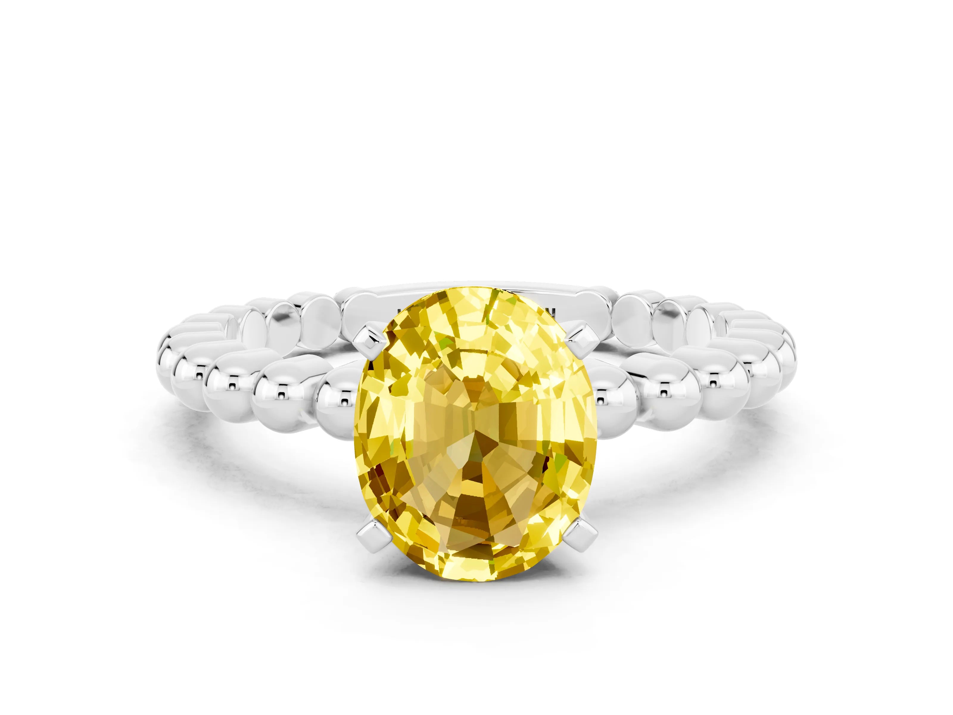 White gold Oval Cut Yellow Sapphire Solitaire Ring with Beaded Band and Prong Setting_12