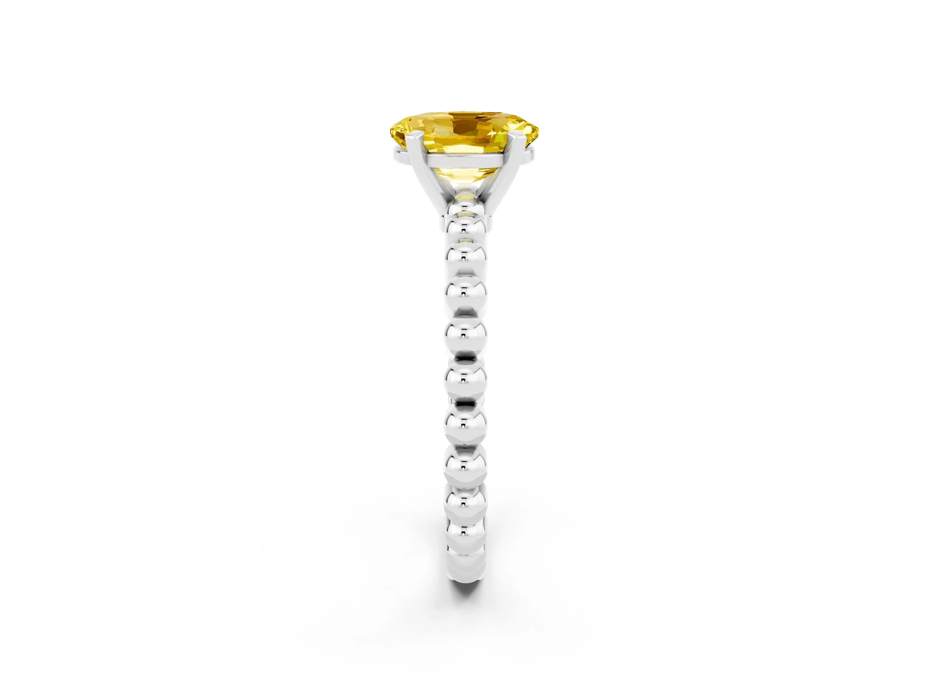 White gold Oval Cut Yellow Sapphire Solitaire Ring with Beaded Band and Prong Setting_14