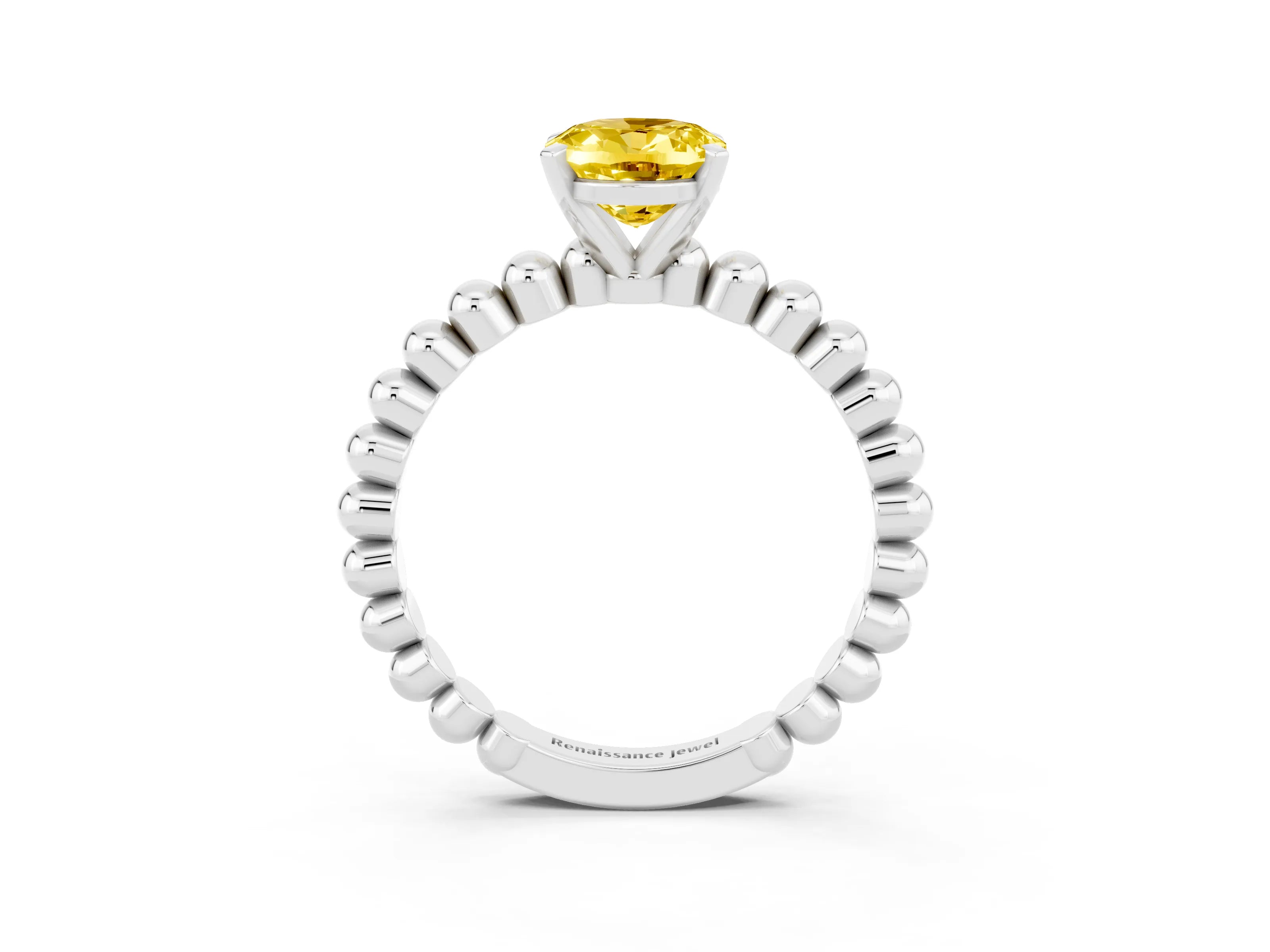 White gold Oval Cut Yellow Sapphire Solitaire Ring with Beaded Band and Prong Setting_15