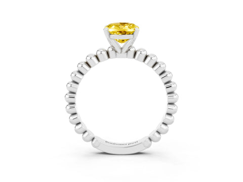 White gold Oval Cut Yellow Sapphire Solitaire Ring with Beaded Band and Prong Setting_15