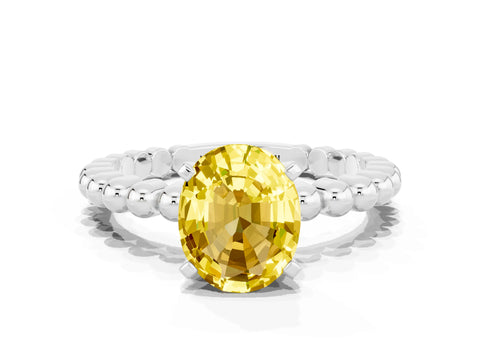 White gold Oval Cut Yellow Sapphire Solitaire Ring with Beaded Band and Prong Setting_24
