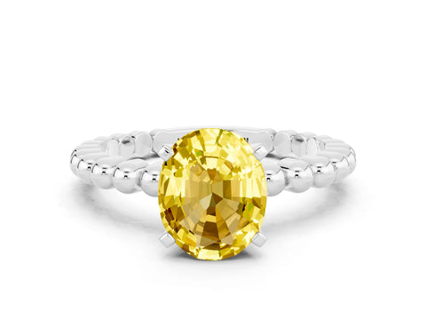 White gold Oval Cut Yellow Sapphire Solitaire Ring with Beaded Band and Prong Setting_24