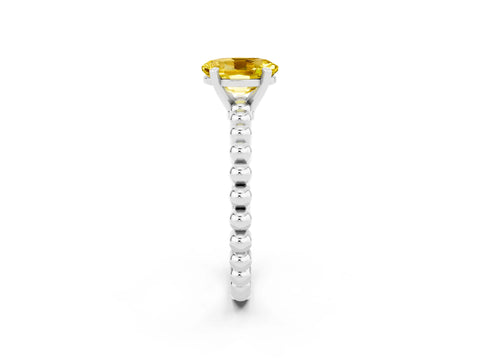 White gold Oval Cut Yellow Sapphire Solitaire Ring with Beaded Band and Prong Setting_26