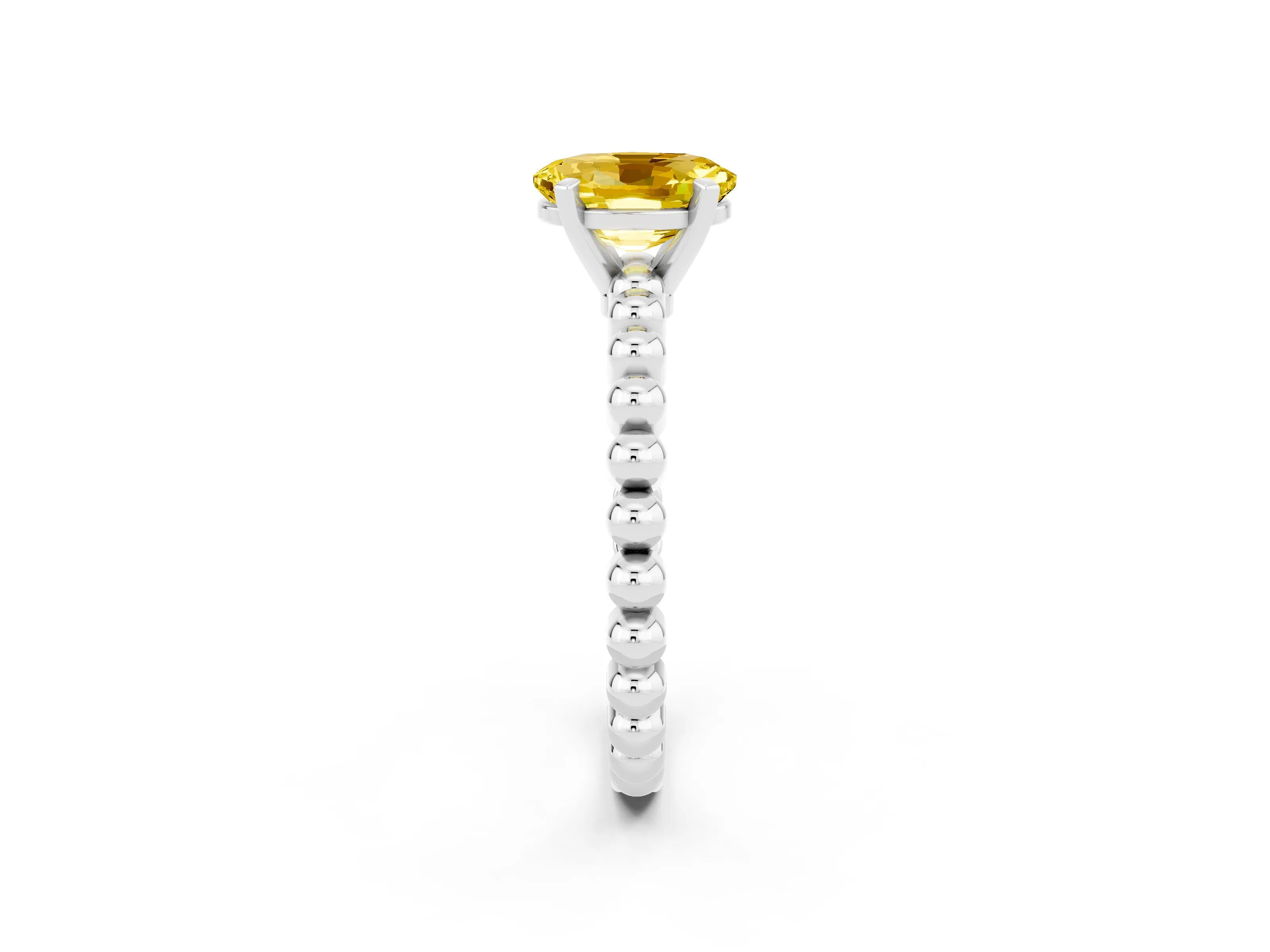 White gold Oval Cut Yellow Sapphire Solitaire Ring with Beaded Band and Prong Setting_26