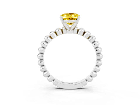White gold Oval Cut Yellow Sapphire Solitaire Ring with Beaded Band and Prong Setting_27