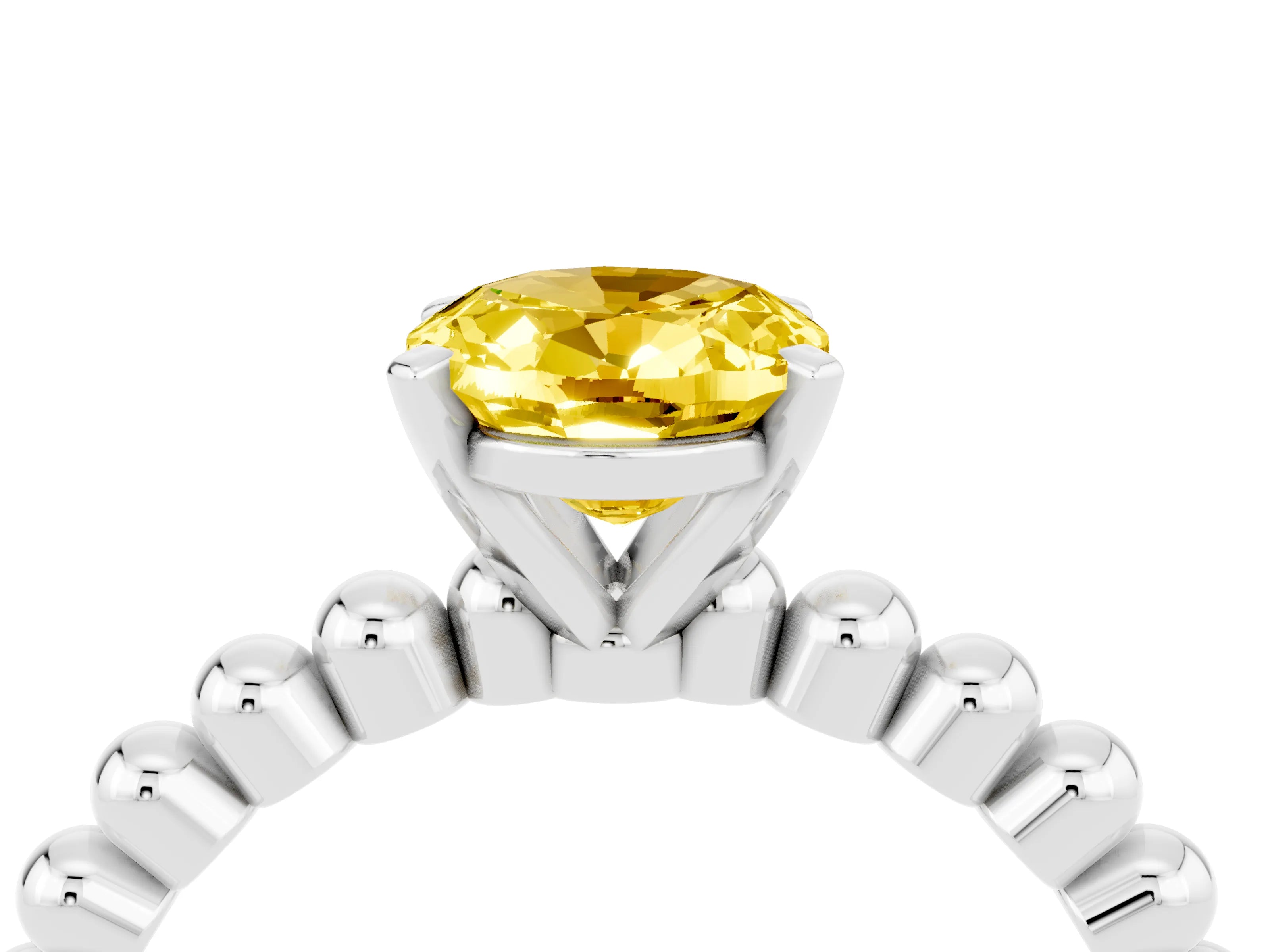 White gold Oval Cut Yellow Sapphire Solitaire Ring with Beaded Band and Prong Setting_28