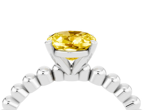 White gold Oval Cut Yellow Sapphire Solitaire Ring with Beaded Band and Prong Setting_28
