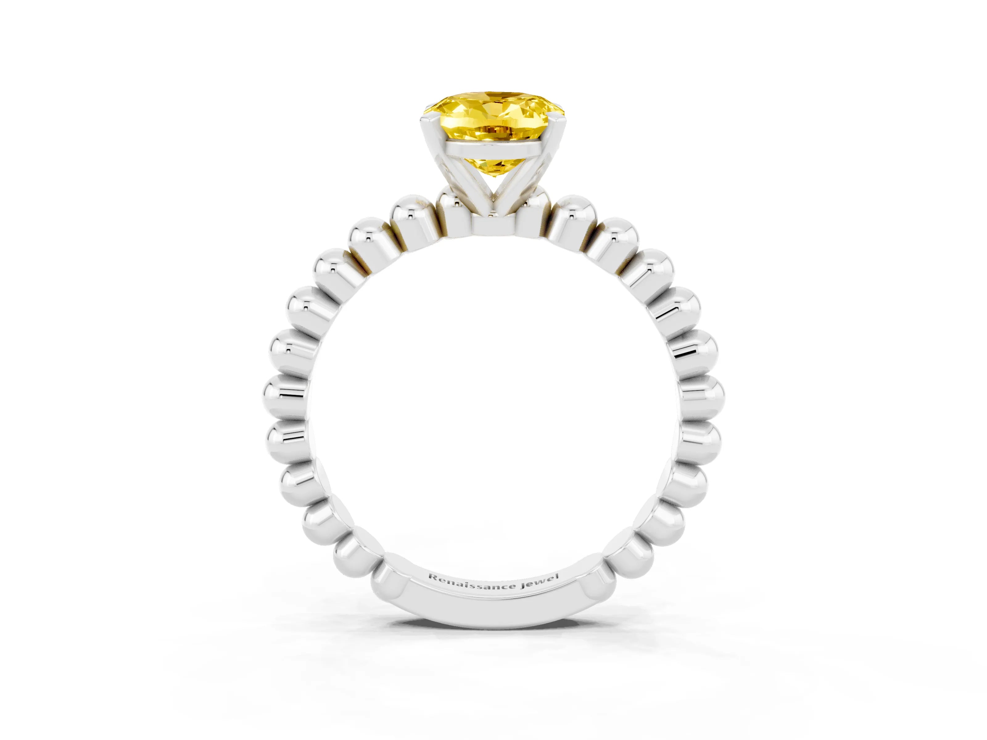 White gold Oval Cut Yellow Sapphire Solitaire Ring with Beaded Band and Prong Setting_39